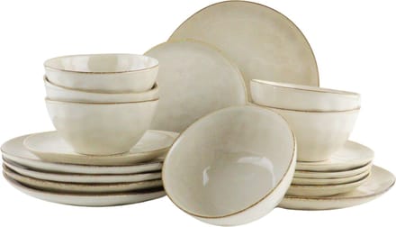 OTIX Aardewerk Serviesset 6 persoons - 18-delige Bordenset - Servies voor 6 Personen - met Dinerbord, Dessertbord en Soepkom of Ontbijtkom - Ontbijtborden Set - Ontbijtset - Serviessets - Beige MAPLE
