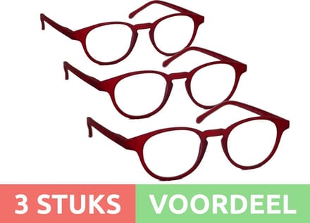 Computer bril - donkerrood rond sterkte +2.0 - 3 stuks - blauw licht filter - blue blocker leesbril