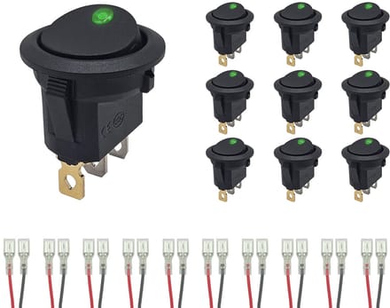 ProRide Wipschakelaar ON-OFF KCD2-12 - met Aansluitkabels - 3 pins - Rond - 12V/20A - LED indicator Groen - 10 stuks