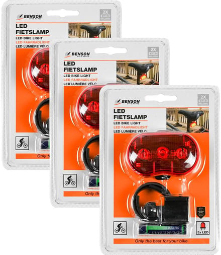 Benson Fietslamp - 3x - LED - rood - waterbestendig - 3 functies - incl. batterijen
