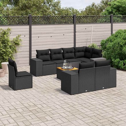 vidaXL - 9-delige - Loungeset - met - kussens - poly - rattan - zwart