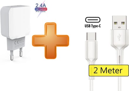 Usb Adapter 2 Poorten 12w + usb-C kabel - Usb naar usb-C - 2 Meter - Telefoon oplader
