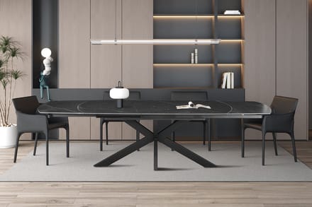 Rousseau - Eettafel Ares – 160-200 x 90 x 76 cm – Zwart marmerdecor – Verlengbaar met draaimechanisme