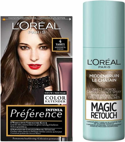 L'Oréal Preference Haarkleuring 04 Tahiti - Middenbruin + Magic Retouch Uitgroeispray Middenbruin 75 ml Pakket