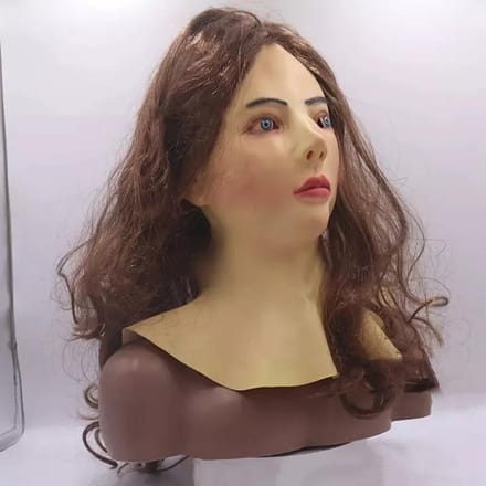 Gesimuleerd menselijk gezicht mooie vrouw latex masker met lang haar One Size roze