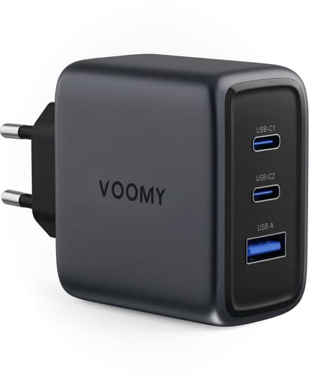 Voomy USB C Lader 65W - Oplader - Snellader - USB C Adapter - Universeel - 2 USB C & 1 USB A Poort - Geschikt voor Laptop, telefoon, tablets en meer - Space Grey