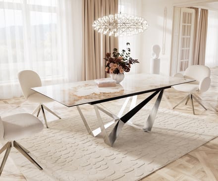 Eetkamertafel Edge keramiek Minas Melange wit-beige 180-220x100 spider vlak staal RVS uitschuifbaar