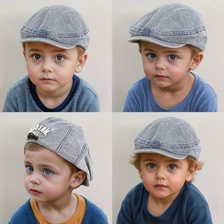 @ Lu’s Today® – Basic Kids Essentials – Kinder Pet – Baker Boy Baret – Denim – 1–3 Jaar – Unisex – “Boston 1630” Detail
