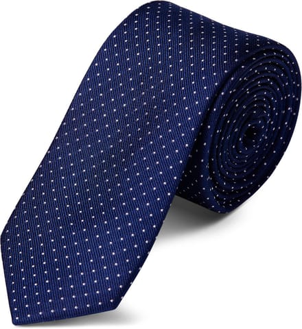 Marineblauwe 6 cm Brede Zijden Stropdas met Polkadotmotief