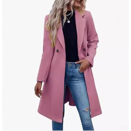 Lange wollen damesjas voor herfst en winter met taille vetersluiting en double-breasted jas XL pink