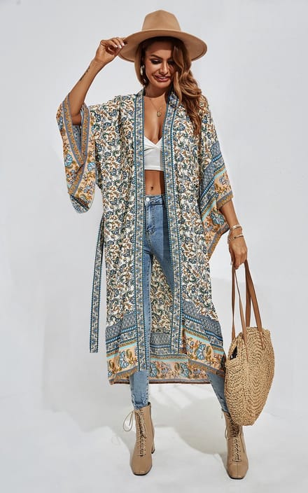 Ontspannen katoenen kimono met blauwe bloemenprint