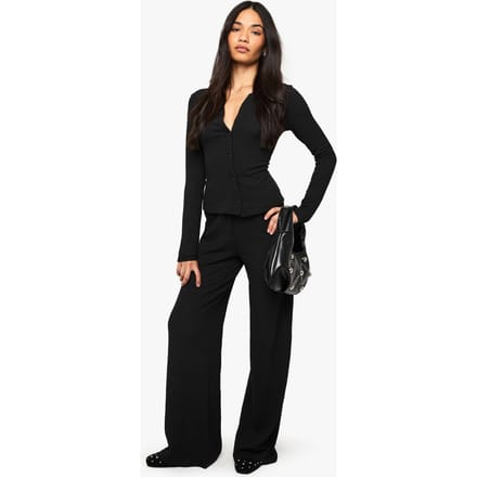 boohoo Dames Getextureerde wijde pijpenbroek | Black | Maat: 16