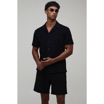 Badstof Regular Fit Overhemdblouse & Relaxed Shorts Set | Black | Size XL