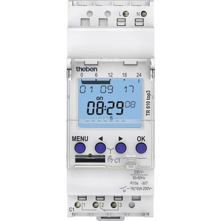 Theben 6100130 TR610 top3 Digitale 1-kanaals timer met app-programmering, perfect voor LED's, timers, digitale tijdschakelaar, met weekprogramma, digitale schakelklok, DIN-rail, 1-kanaals
