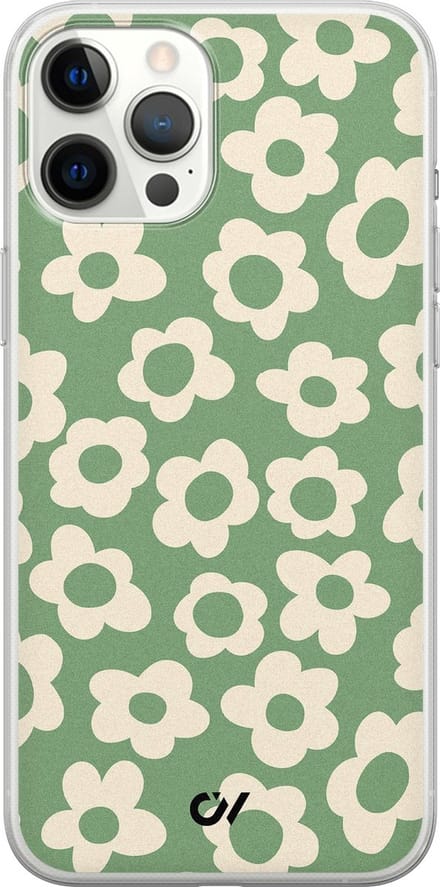 Hoesje geschikt voor Apple iPhone 12 Pro Max - Retro Cute Flowers - - Groen - Apple - Casevibes