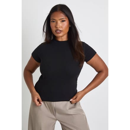boohoo Dames Plus Basic Geribbeld Korte Mouw Getailleerde Top | Zwart | Maat: 44