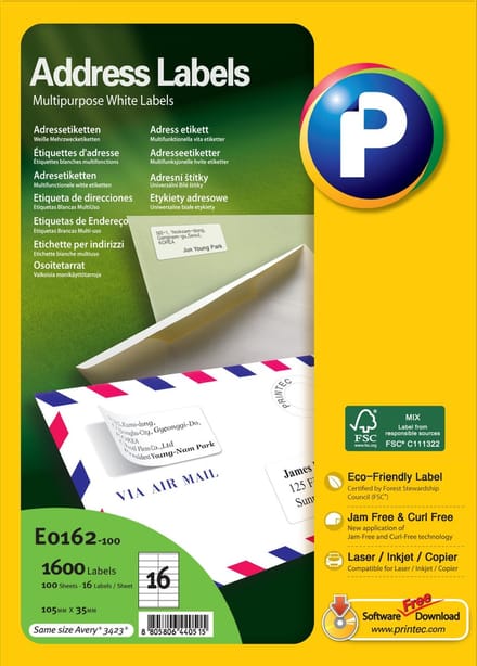 Printec Adres Etiketten - 100 Vel - 105x35mm - 16 Labels Per A4 - 1600 Stickers