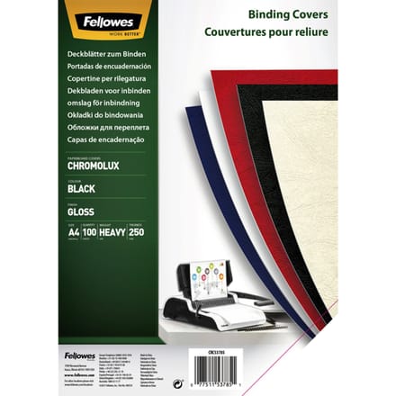 Fellowes dekblad Chromolux, karton, A4, voor draad- en plasticinbindmachines, zwart, 250 g, 100 stuks