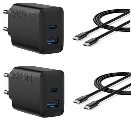 Anker USB-C oplader - (20W) 2-port oplader 2-PACK + USB-C naar USB-C kabel 1,5M 2-PACK Zwart