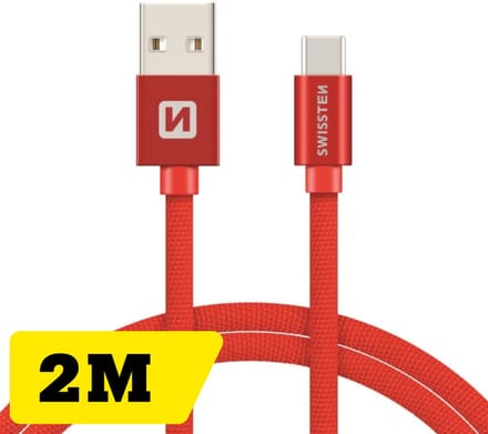 Swissten USB-C naar USB-A Oplaadkabel - Extra Lang 2M - Gevlochten - Snellaadkabel & Datakabel - Rood