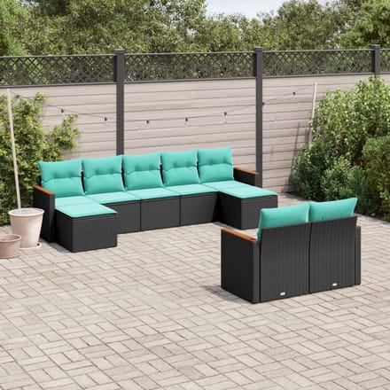 vidaXL - 9-delige - tuinbankset - met - kussens - van - zwart - polyrotan