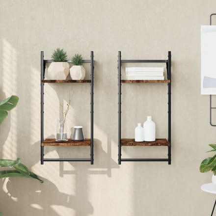vidaXL - Wandschappen - 2-laags - met - stangen - 2 - st - 30x25x65 - cm - gerookt - eiken