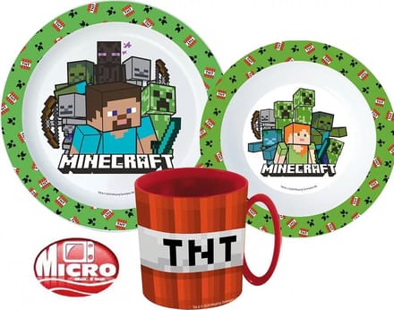 Minecraft ontbijtset 3 delig - 1 bord, 1 kom en 1 grote beker- groen/rood magnetron bestendig