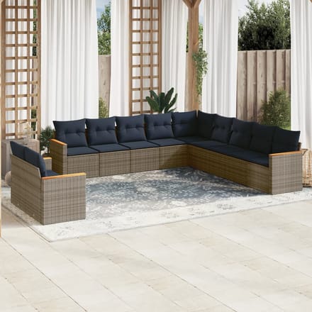 vidaXL - 11-delige - tuinbankset - met - kussens, - grijs - polyrotan