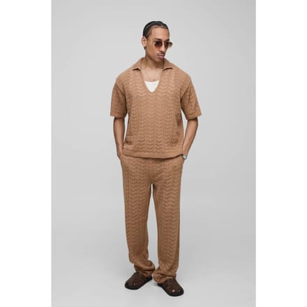 Relaxed Boxy V Neck Texture Knitted Trouser and Polo Set | Taupe | Size Small