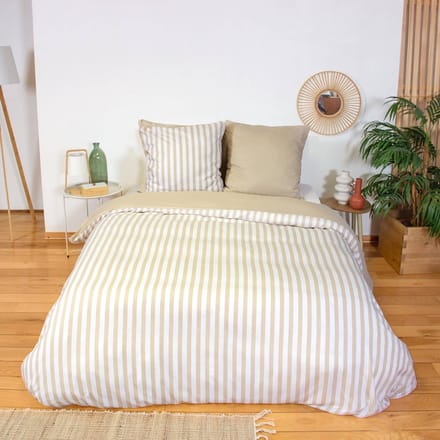 sweeek - Beddengoedset met beige strepen omkeerbaar van microvezel - néo