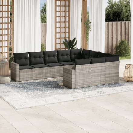 vidaXL - 10-delige - Loungeset - met - kussens - poly - rattan - lichtgrijs