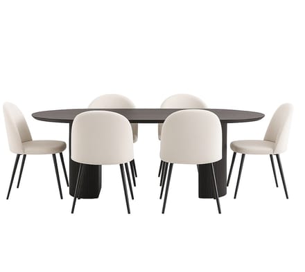 Kyoto eethoek eettafel donkerbruin, 6 stoelen met beige ribfluweel bekleding.