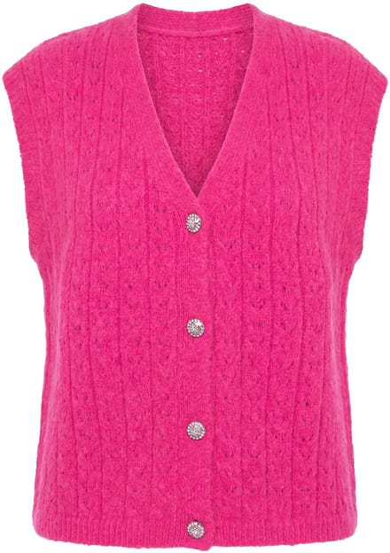 Studio Untold - Dames - Gebreid vest ajourbreisel sierknopen - Fuchsiaroze - Maat 58+