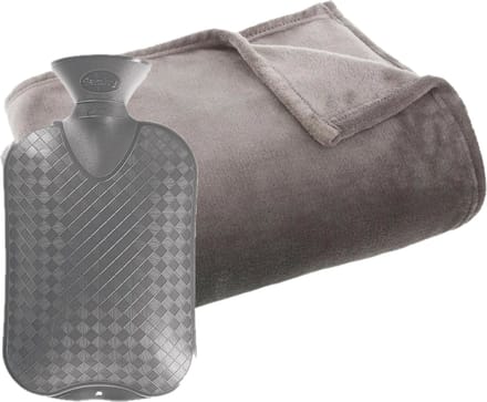 Fleece deken/plaid grijs 125 x 150 cm en een warmwater kruik 2 liter