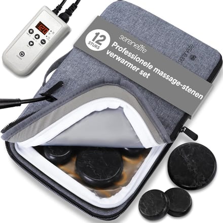 Basaltstenen Massageset - Warme stenen - Spierontspanning thuis - Inclusief verwarmtas - 12 stenen - Zwart