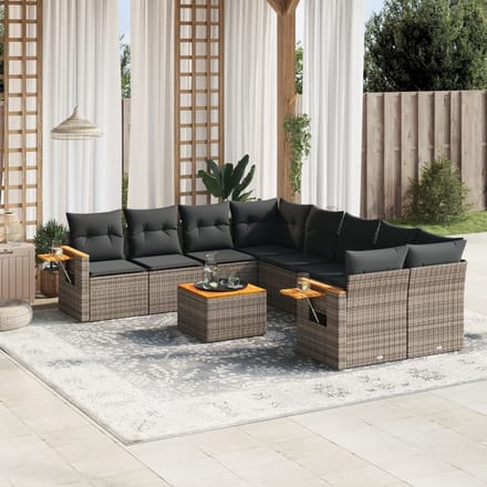 vidaXL - 9-delige - Loungeset - met - kussens - poly - rattan - grijs