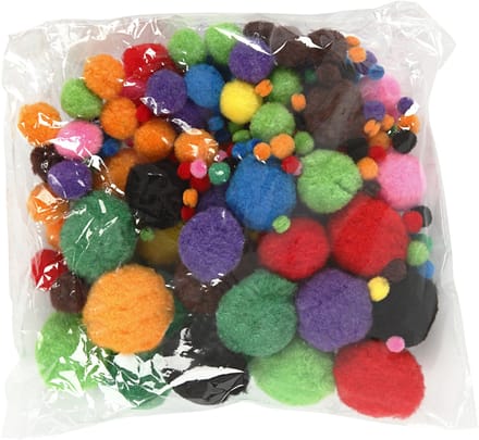 Pompons, d 5-40 mm, ca. 150 stuk, diverse kleuren, 42 gr/ 1 doos