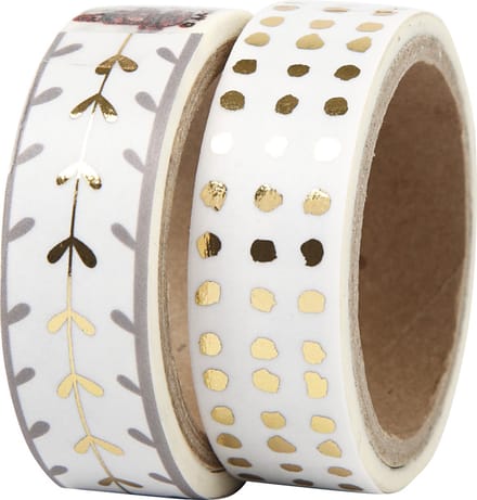 Masking Tape, harten en stippen - folie, B: 15 mm, goud, wit, 2x4 m