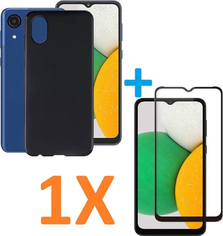Silicone hoesje zwart met 1 Pack Full Tempered glas Screen Protector Geschikt voor: Samsung Galaxy A03 Core