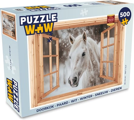 Puzzel Doorkijk - Paard - Wit - Winter - Sneeuw - Dieren - Legpuzzel - Puzzel 500 stukjes