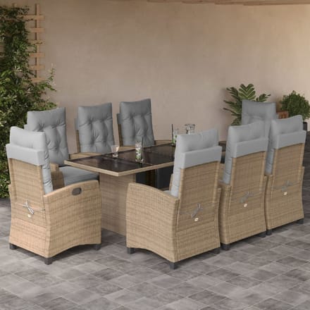 vidaXL - 9-delige - Tuinset - met - kussens - poly - rattan - gemengd - beige