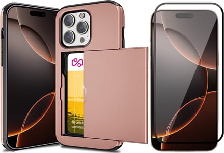 Hoesje met Pasjeshouder geschikt voor iPhone 16 Pro - Screen Protector FullGuard - Back Cover SlideCase Roségoud & Screenprotector