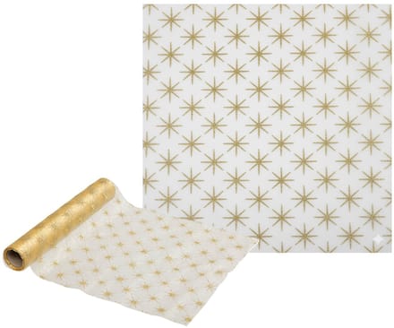 Feeric lights & Christmas Kerst stof/tafelloper - goud - sterren -500 x 28 cm - polyester - kerstdiner loper