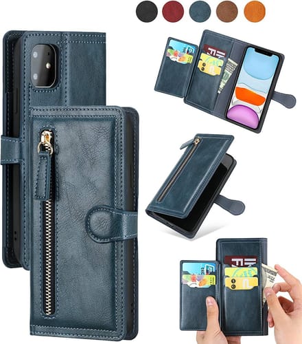 Bookcase Geschikt voor: iPhone 13 Mini met ritssluiting - Hoesje Flipcover - Magnetisch - 5 kaarten houder - Donkerblauw