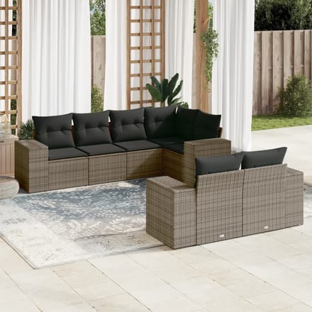 vidaXL - 7-delige - Loungeset - met - kussens - poly - rattan - grijs