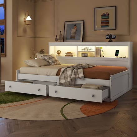 REDOM Bedbank 90x200 cm van spaanplaat/MDF – Met 2 lades, LED-verlichting en USB – Wit