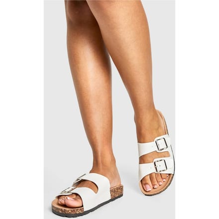 boohoo Dames Double Buckle Footbed Slider | Wit | Maat: 36