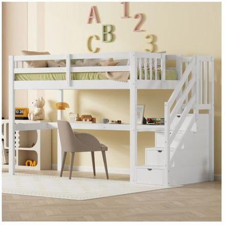 Verhoogd bed - MUVOE - 90 x 200 cm - Wit - Met lades - Geïntegreerd bureau wit