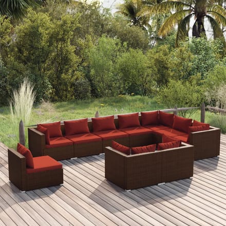 vidaXL - 10-delige - Loungeset - met - kussens - poly - rattan - bruin