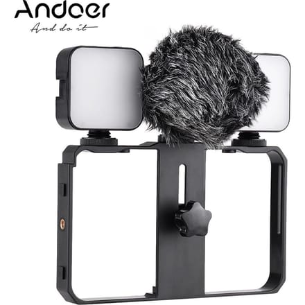 Smartphone Video Cage Kit Inclusief 2 stuks Mini LED-invullichten + Minimicrofoon met schokdemper black
